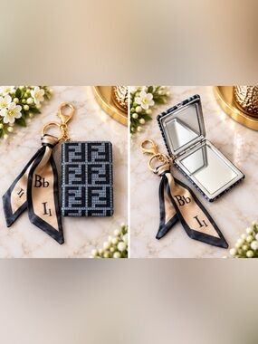 Blue & Black Compact Mirror Keyring with accent scarf